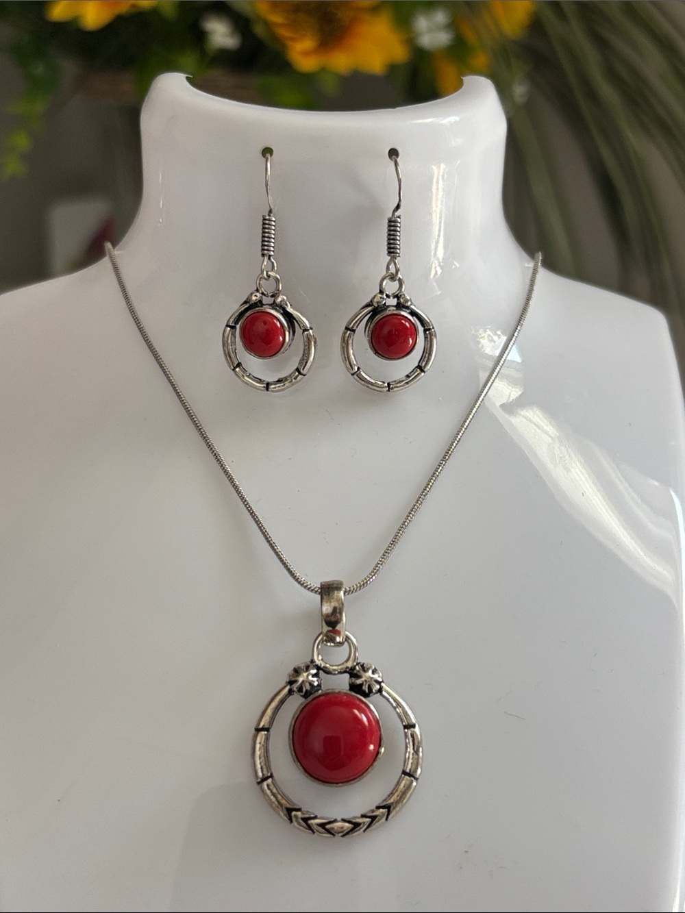 Silver Red Coral Gemstone Pendant Necklace & Earrings Set